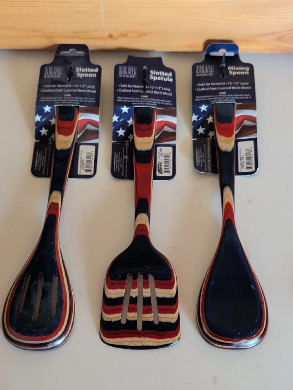 NWT. Old Glory Collection Red Navy Striped Wooden Kitchen Utensils Set - 3pc
